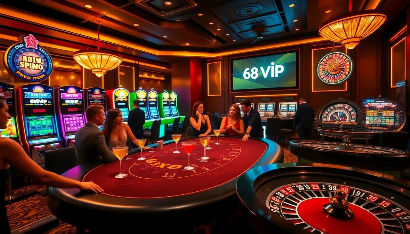 Engaging scene of gambling at 68VIP's luxurious poker table, illuminated slot machines, and vibrant roulette wheel.