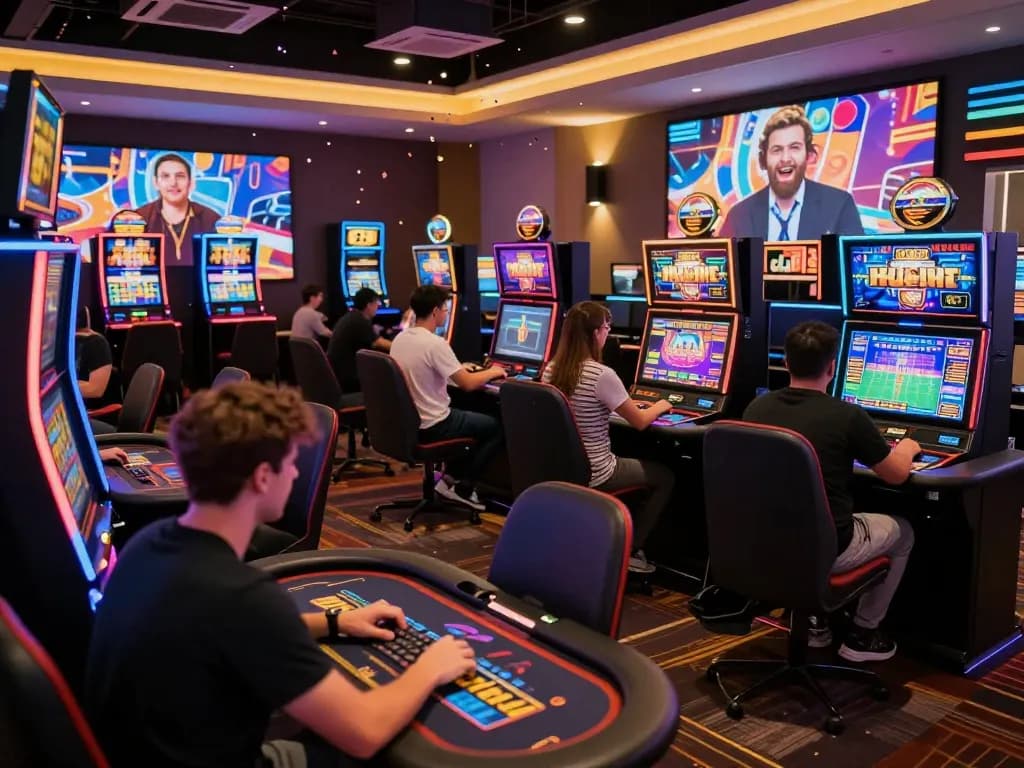 Exciting gaming atmosphere at SpinPanda Nederland online casino with vibrant players and engaging slot machines.