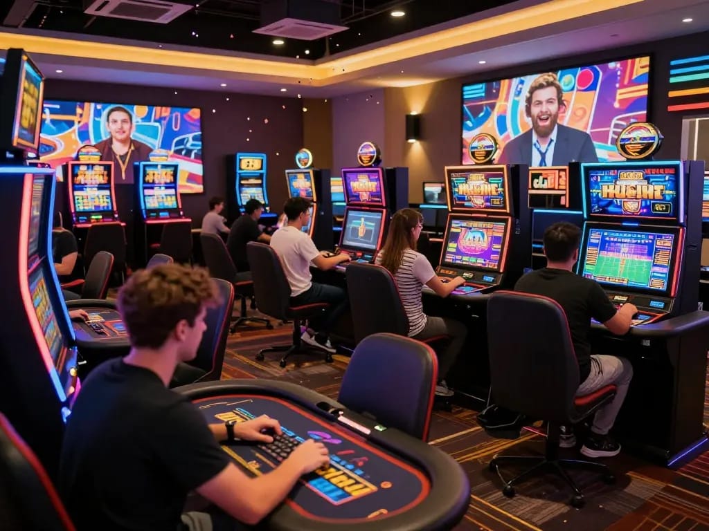 Exciting gaming atmosphere at SpinPanda Nederland online casino with vibrant players and engaging slot machines.