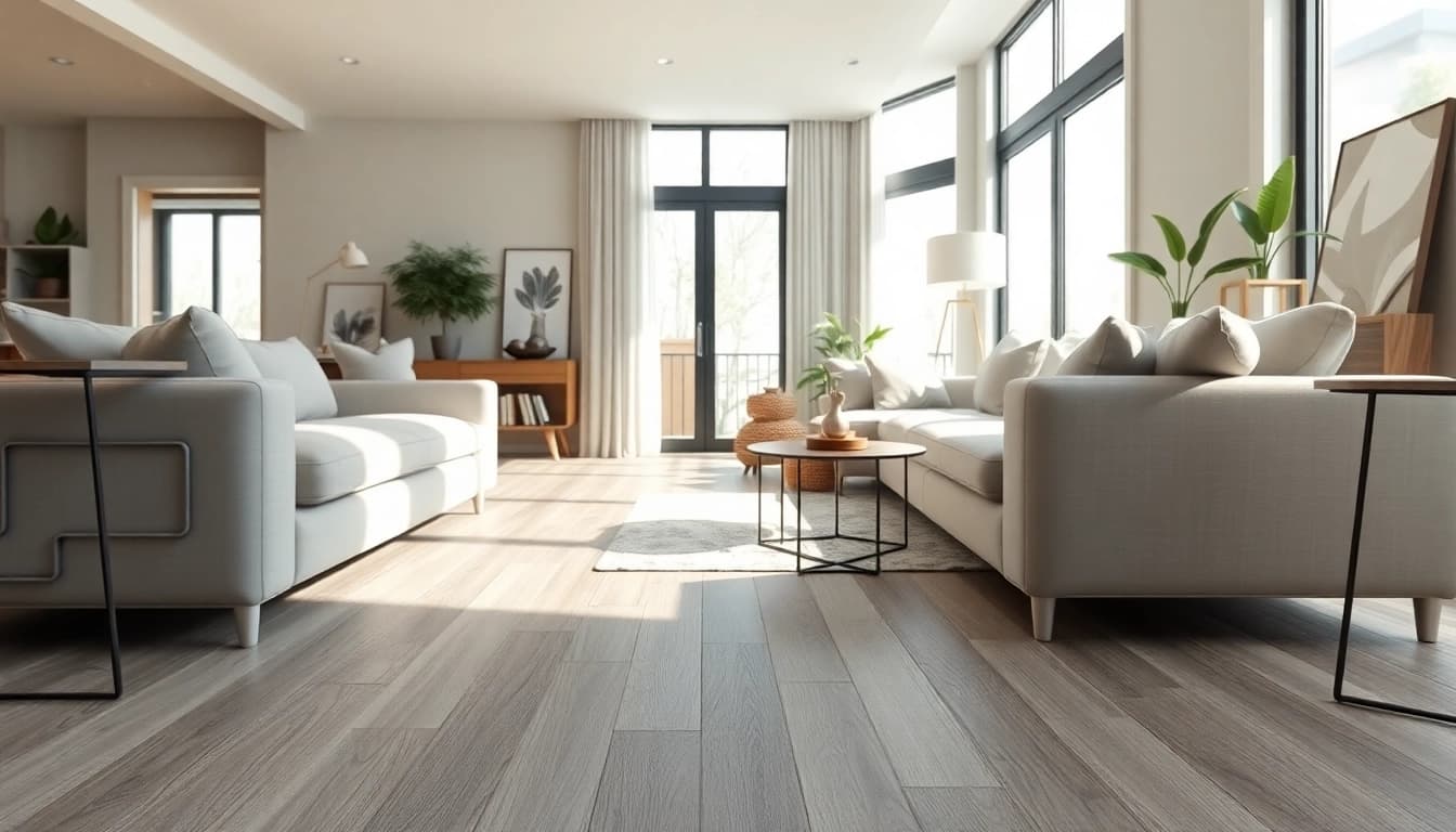 Elegant living room with grey oak LVP flooring showcasing chic elements in Chicago flooring.