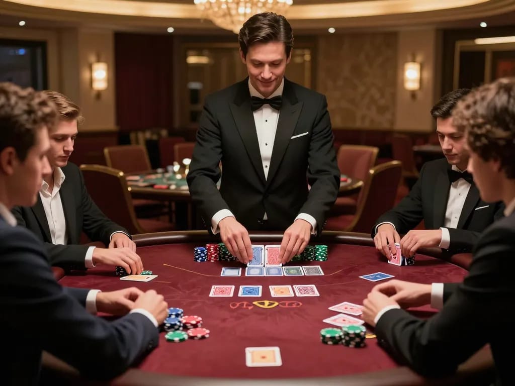 Engaging blackjack gameplay at FB88 casino, players focused on their cards and betting chips.