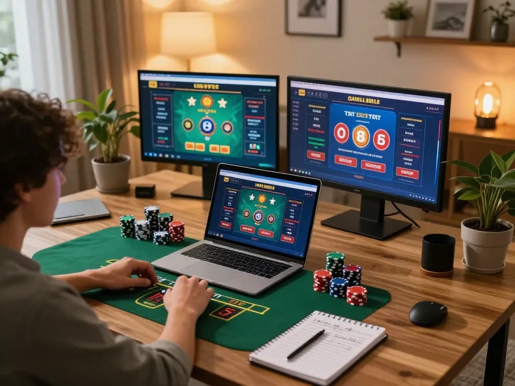 Person enjoying rr88 online blackjack on a laptop, showcasing an immersive home gaming setup.