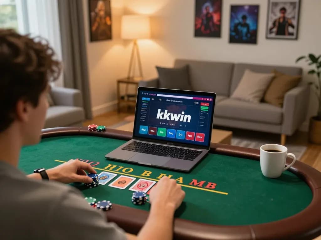 Player engaging with kkwin online blackjack game on laptop in cozy home setup