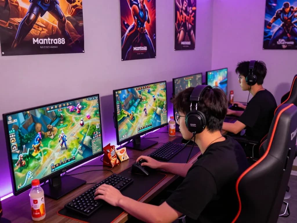 Intense online gaming session on mantra88, player engaged with colorful graphics and gaming gear.