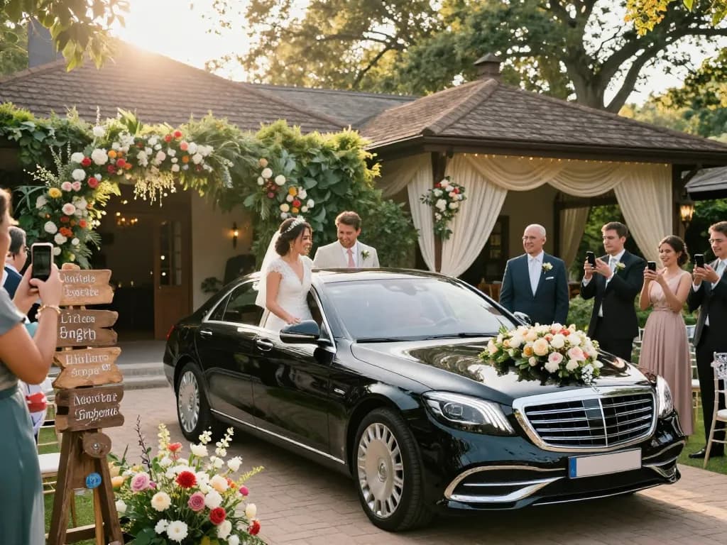 Thuê một chiếc Mercedes cho đám cưới của bạn, thể hiện một cặp đôi cô dâu chú rể thanh lịch bước ra từ chiếc S-Class sang trọng, được bao quanh bởi những trang trí hoa.
