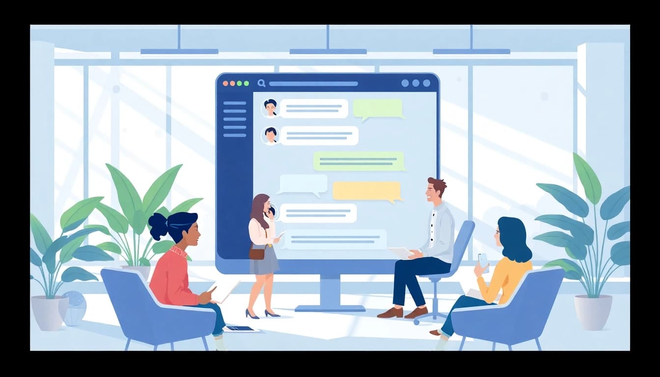 Engaging chat interface showcasing a chatgpt free alternative, depicting users in conversation in a bright office setting.