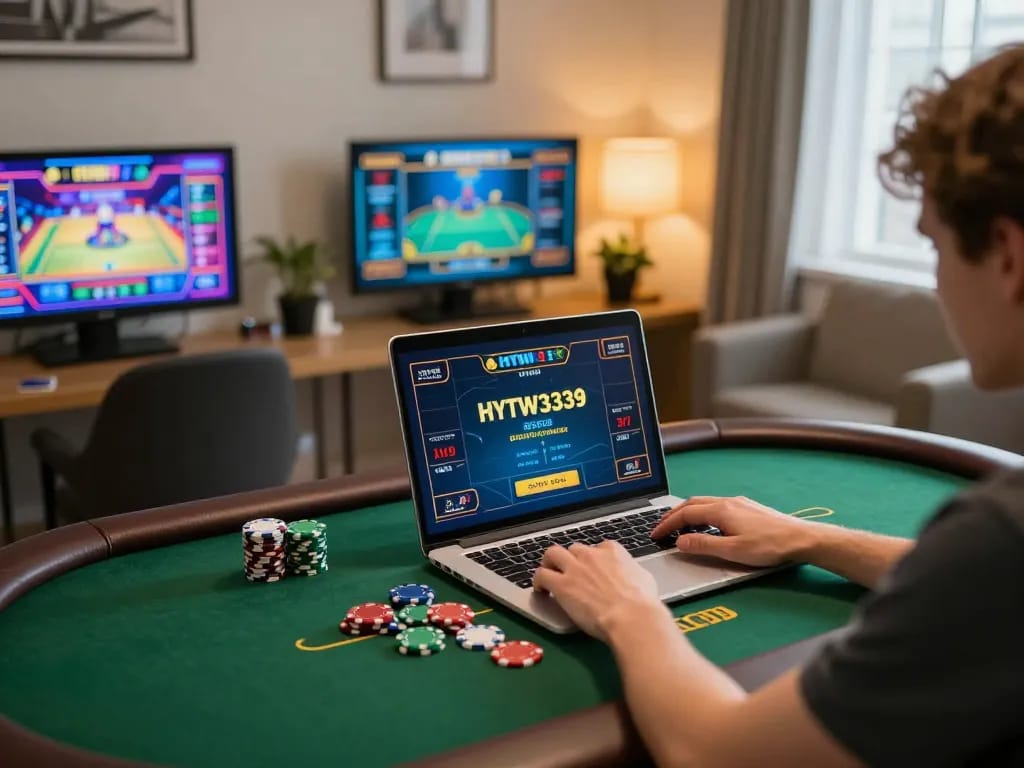 Player engaging with HYTW3339 online casino on a laptop, showcasing immersive gaming experience.