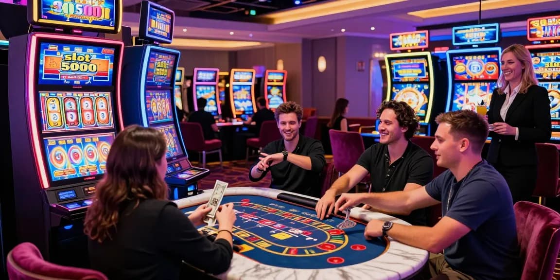 High-stakes gambler at slot 5000 machine surrounded by vibrant casino atmosphere.