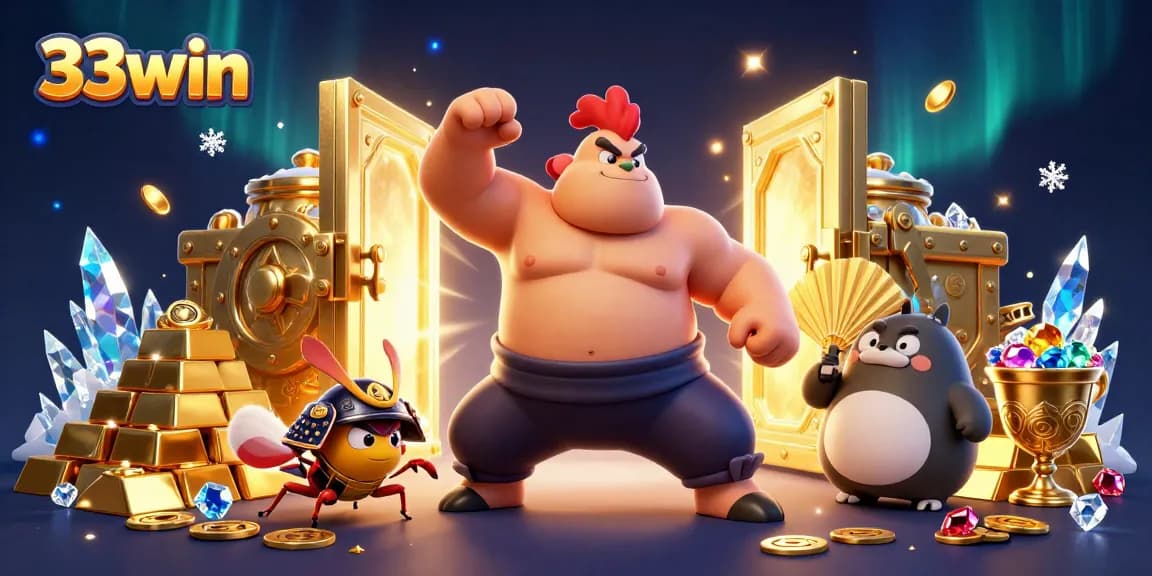 Engage with 33win's vibrant 3D illustration featuring sumo wrestling and cricket action.