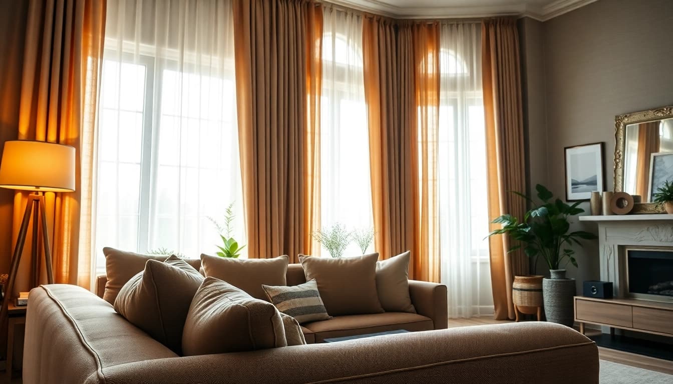Verduisterende gordijnen creëren een sfeervolle uitstraling in de woonkamer.