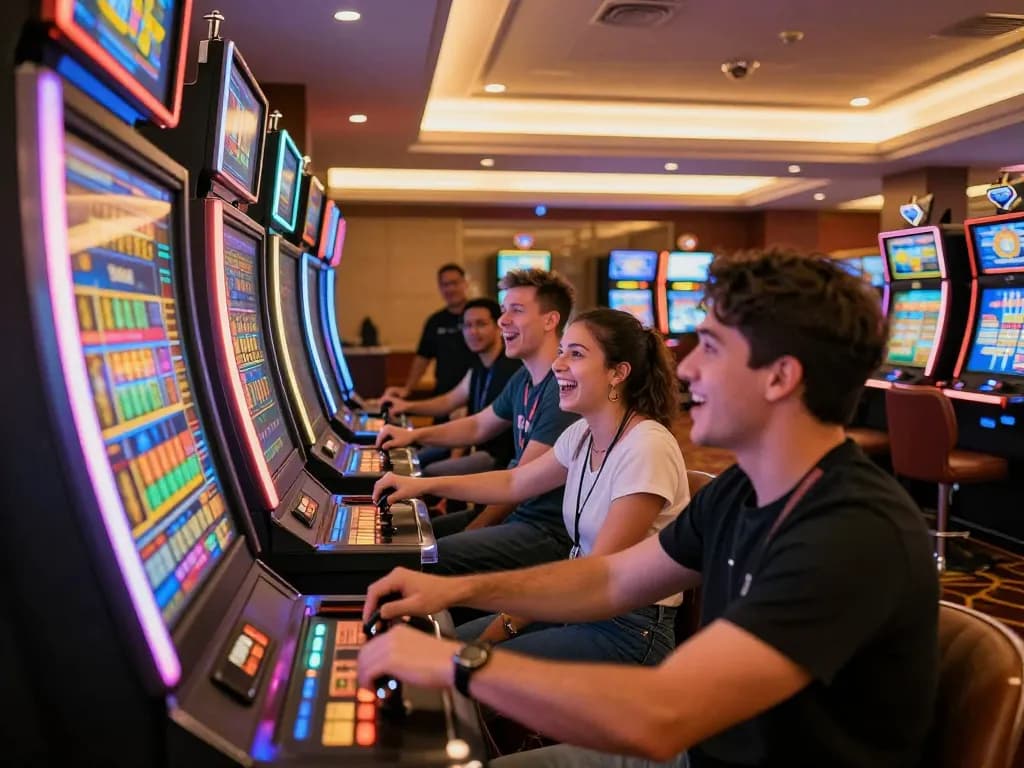 Engage in thrilling slot machine gameplay at boosterjp with vibrant lights and excited players.