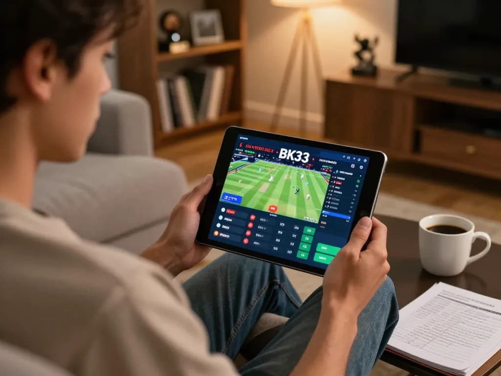 Online sports betting on BK33 with a user placing bets from home, showcasing live cricket matches.