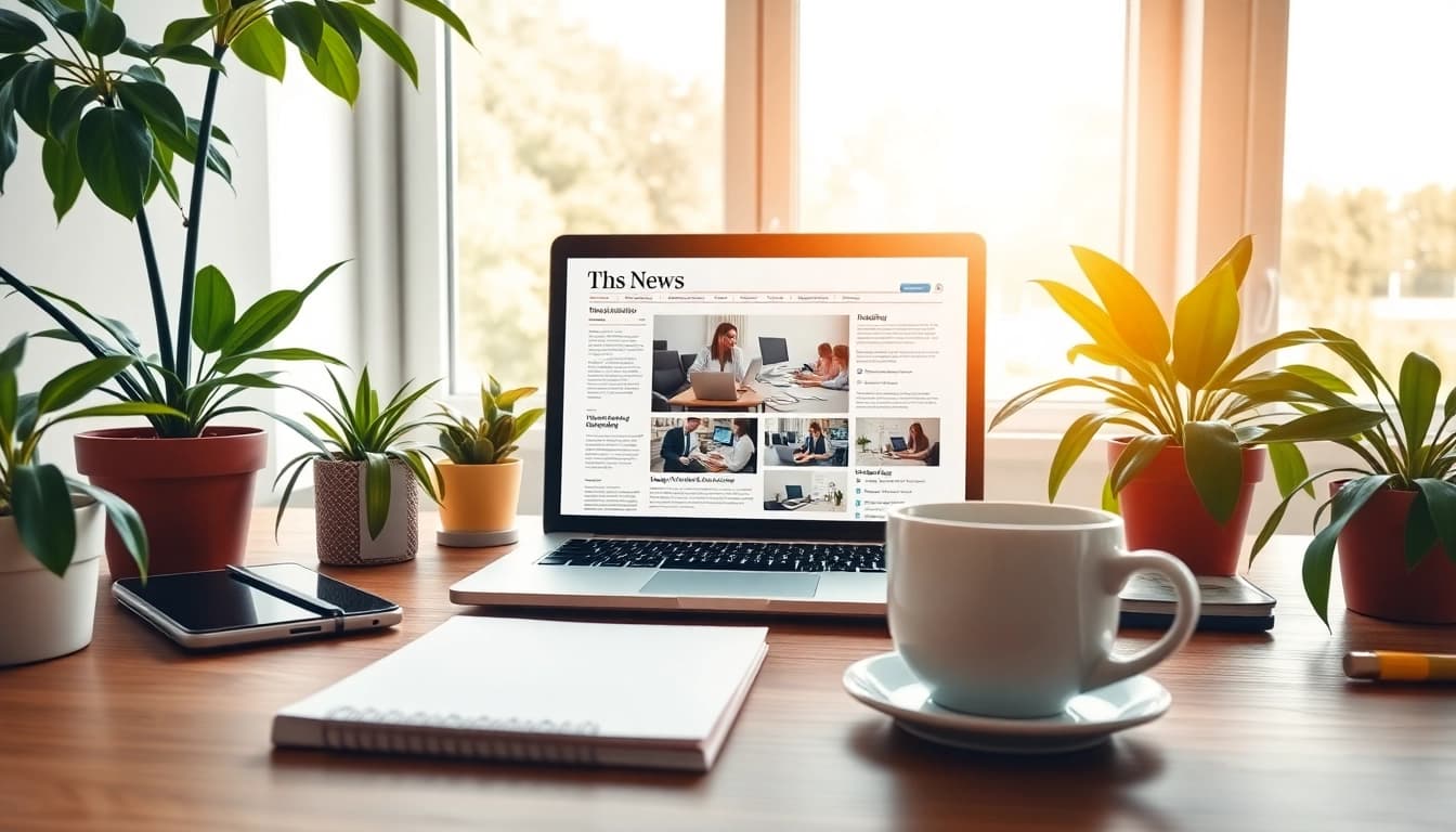 Engaging news desk featuring a laptop and plants, ideal for articles.