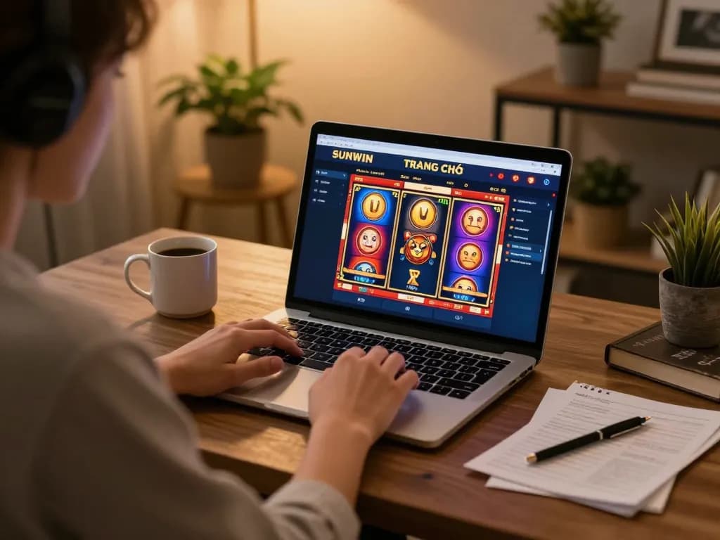 Engaging in online gaming on SUNWIN TRANG CHỦ with vibrant slots in a cozy setup