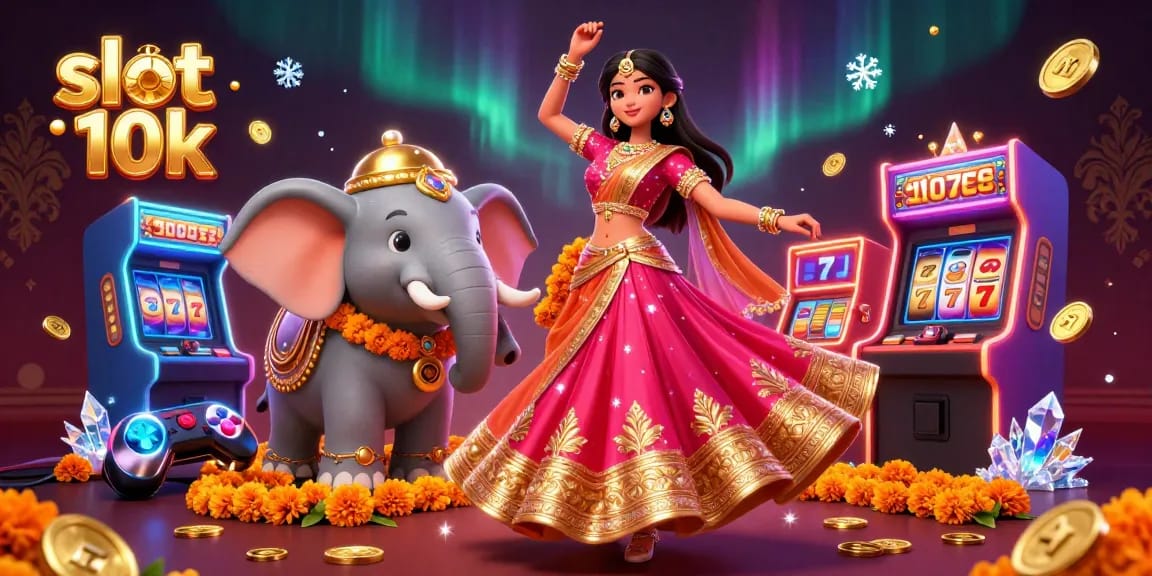 Experience the excitement of slot 10k with a vibrant 3D casino scene featuring a dancing Asian woman and a bejeweled elephant.