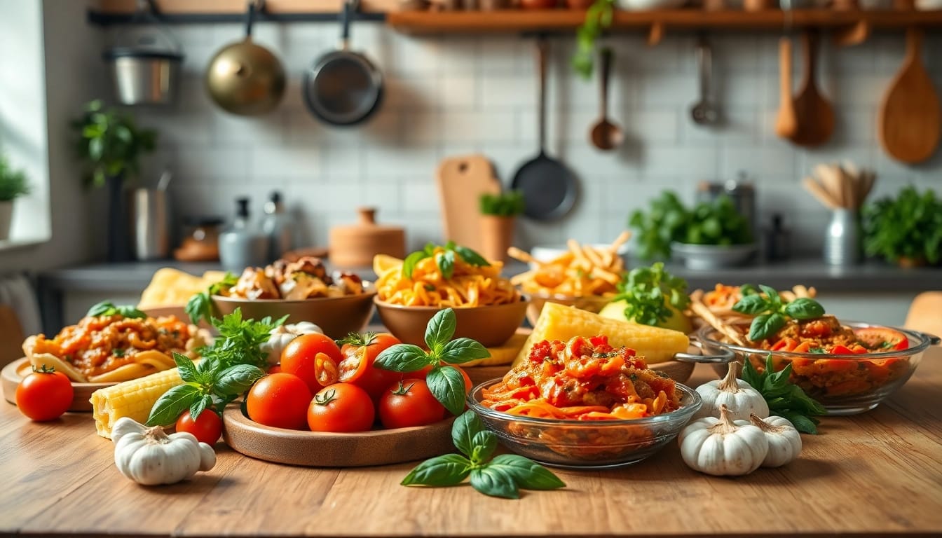 Discover the enticing dish facts through a vibrant culinary scene of artfully arranged food.