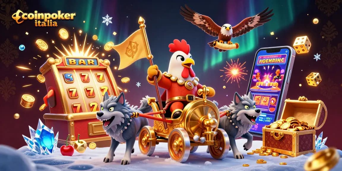 Gioca a CoinPoker Italia mentre un gallo guerriero sfida la fortuna tra slot e jackpot.