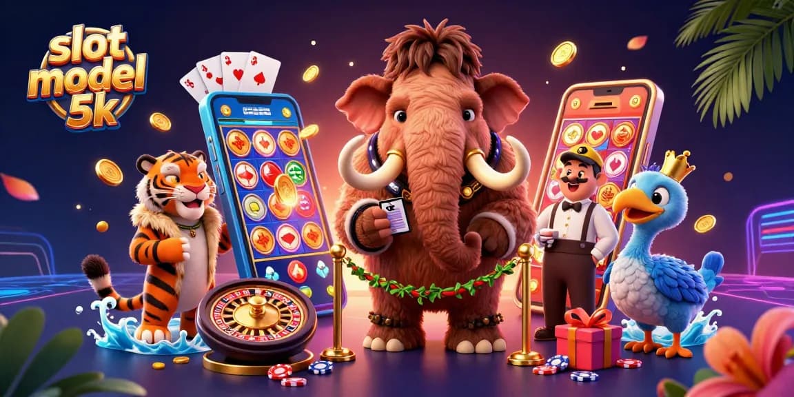 Engage with slot modal 5k, featuring a vibrant casino scene with a woolly mammoth bouncer and lucky charm elements.