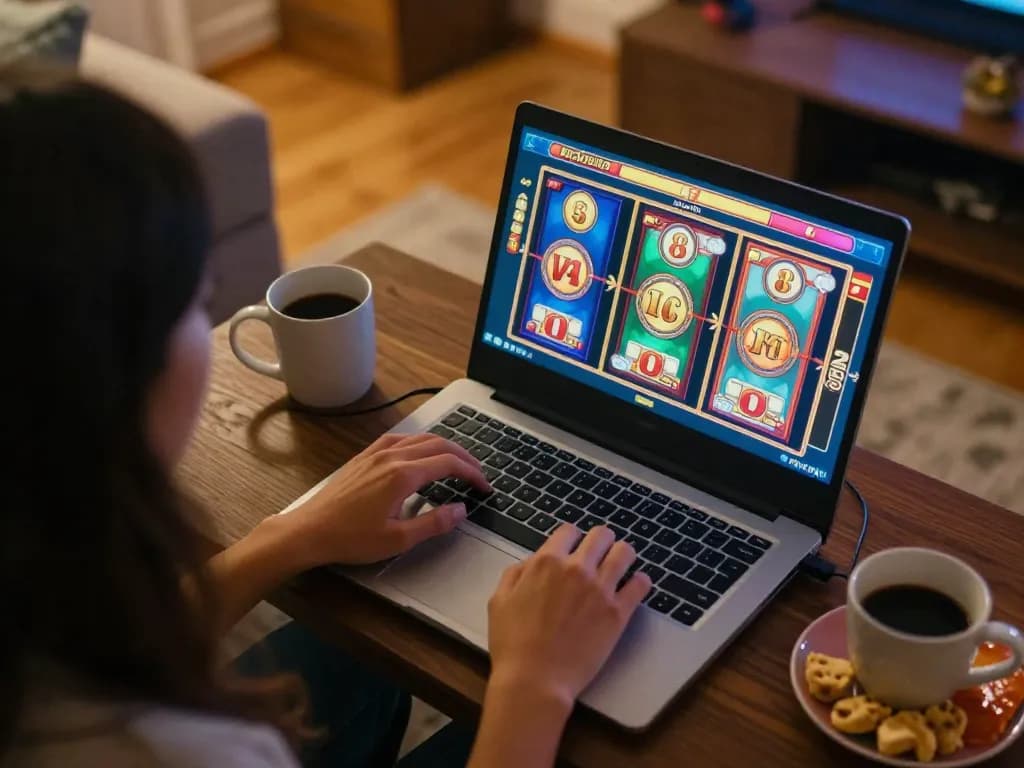Engaging with slot gacor machines on a laptop at home, showcasing winning excitement and cozy atmosphere