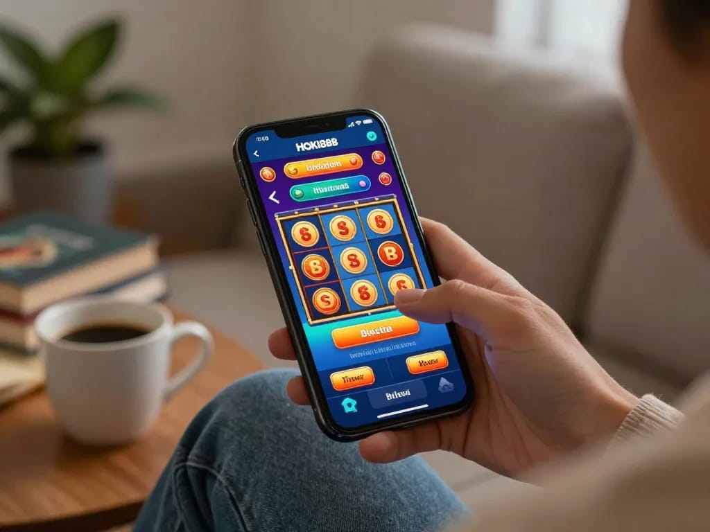 Berinteraksi dengan aplikasi kasino mobile HOKI88 yang menunjukkan permainan dan kemenangan yang menarik