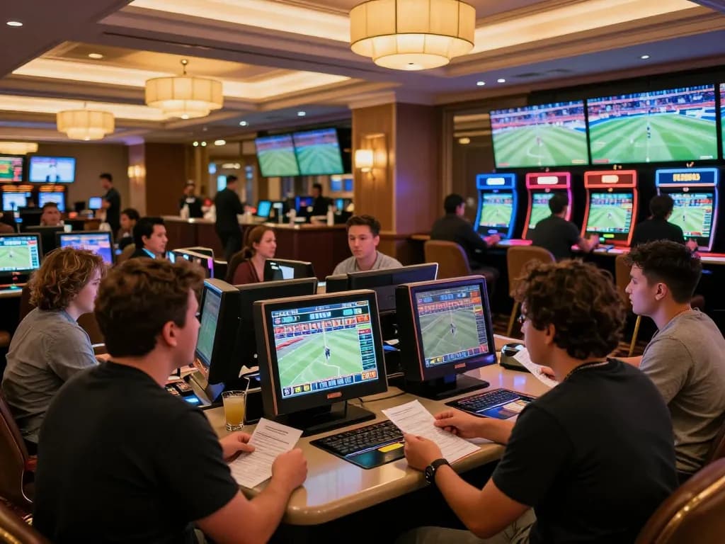 Engaging in sports betting excitement at FB88's vibrant lounge, fans analyze live games.