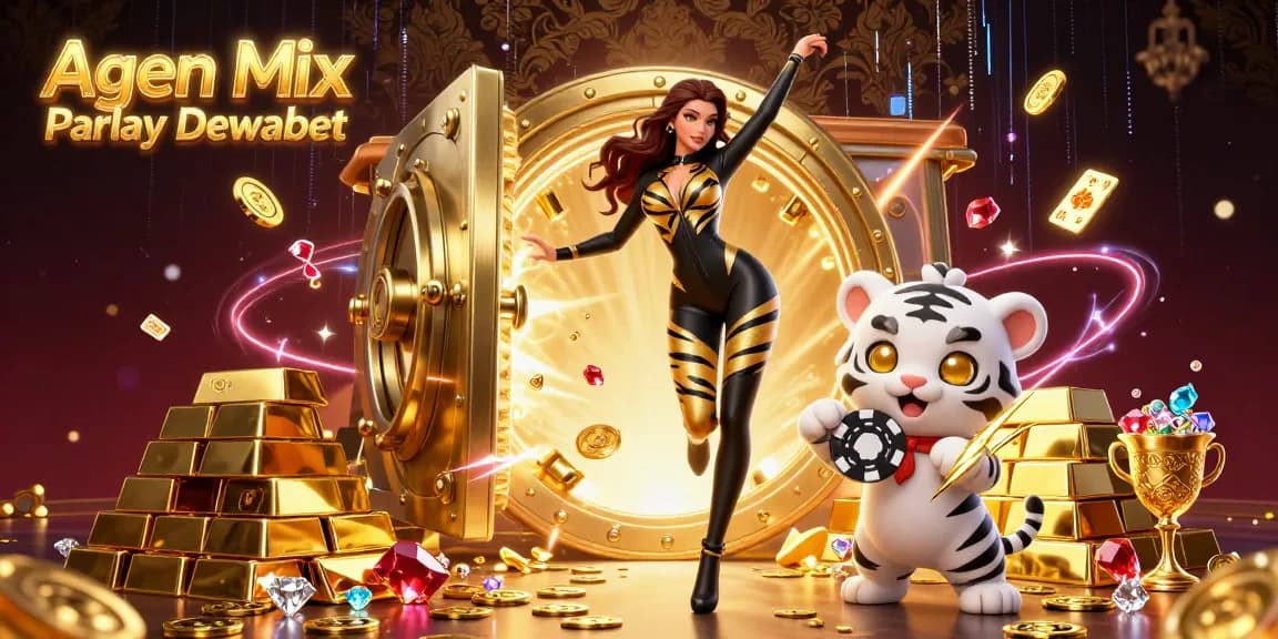 Agen Mix Parlay Dewabet enticing betting scene featuring a woman, white tiger, and golden treasures.