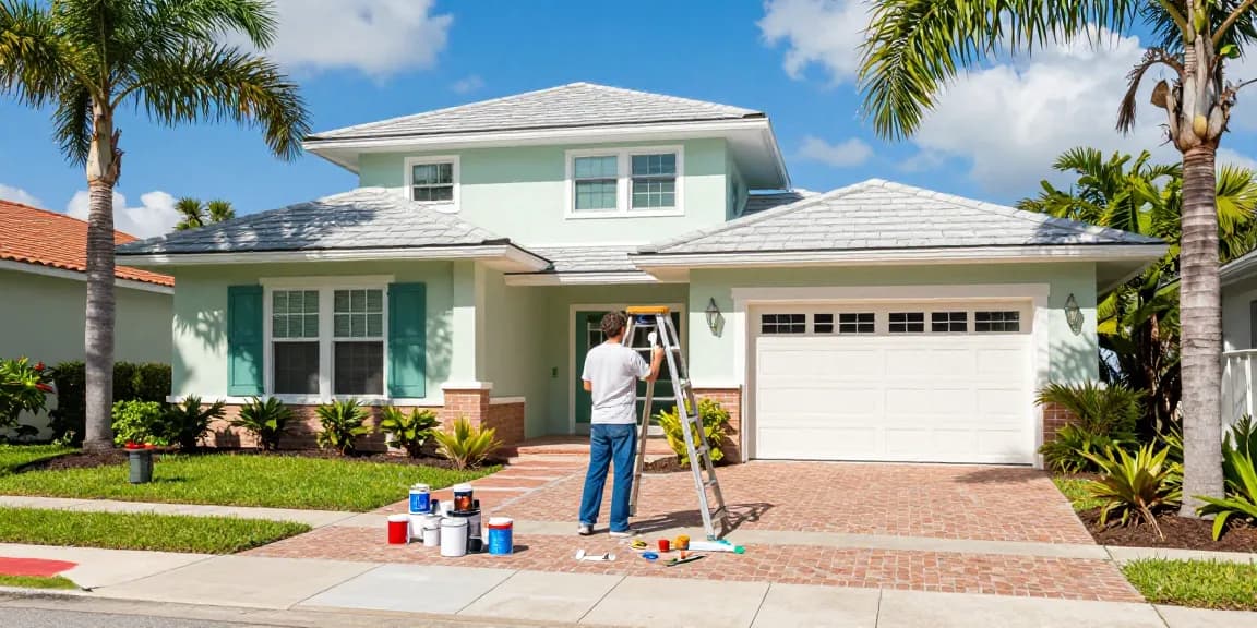 Painters in Sarasota County FL working on a beautiful coastal home, highlighting expert craftsmanship and vibrant colors.