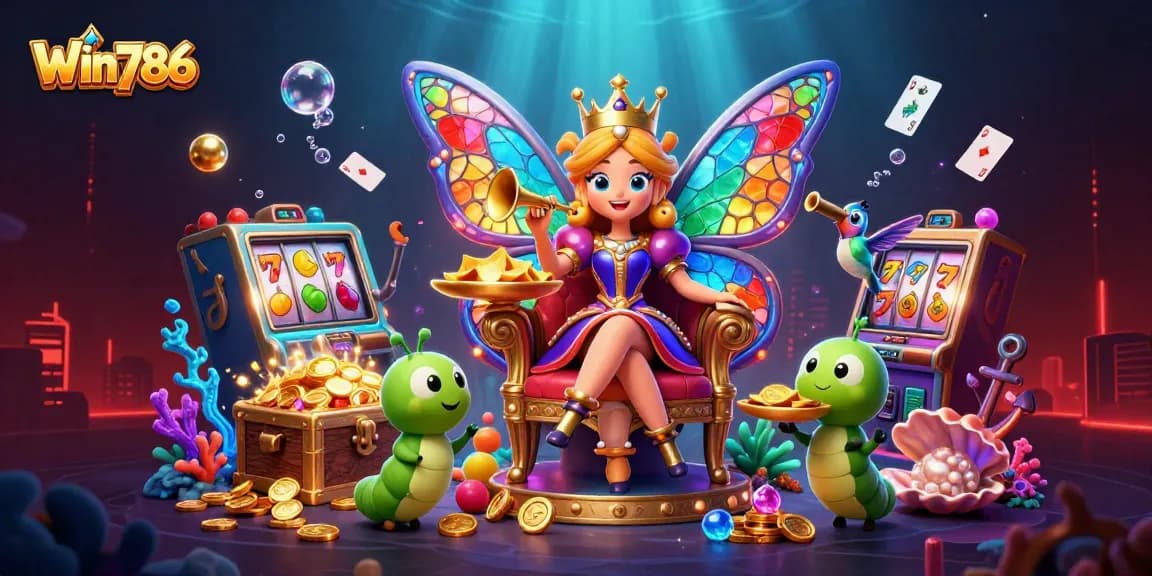 Win786 showcases vibrant casino excitement with a butterfly queen, floating playing cards, and slot reels.