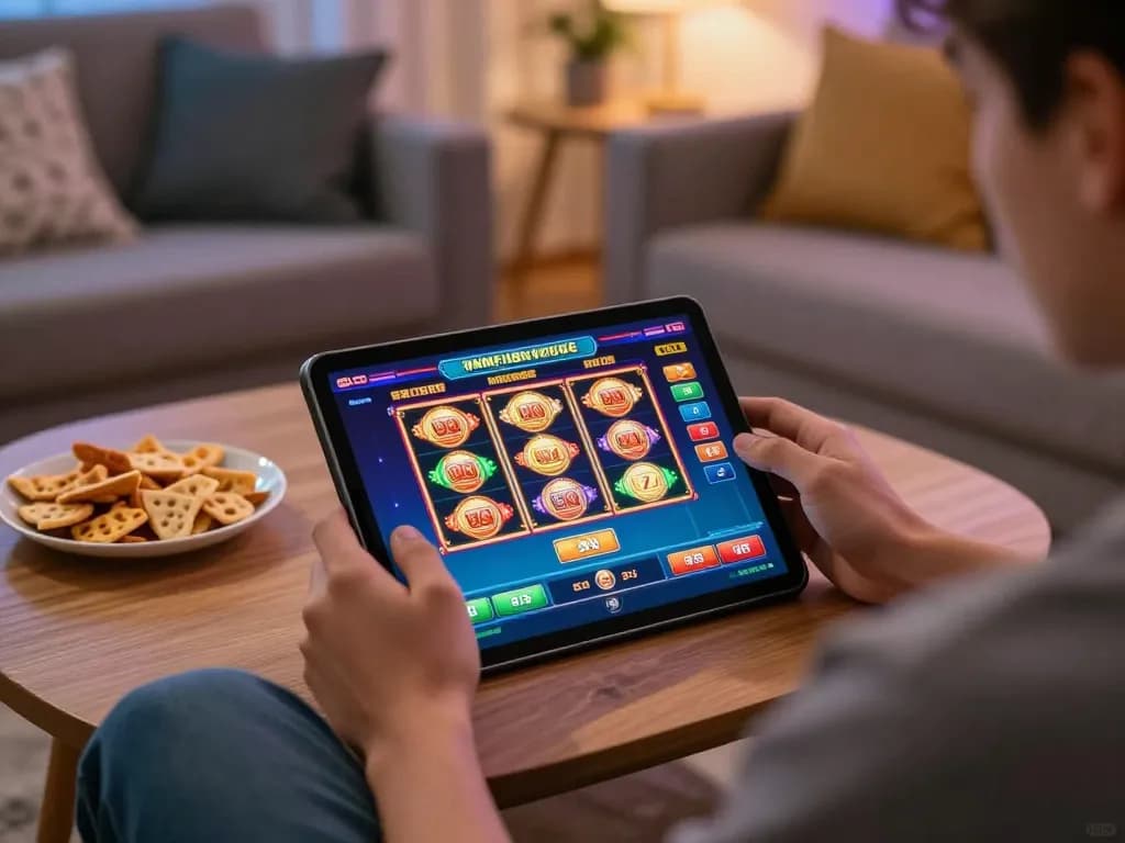 Experience the excitement of online gaming at https://mm88.blog/ with vibrant slot machines in a cozy setting.