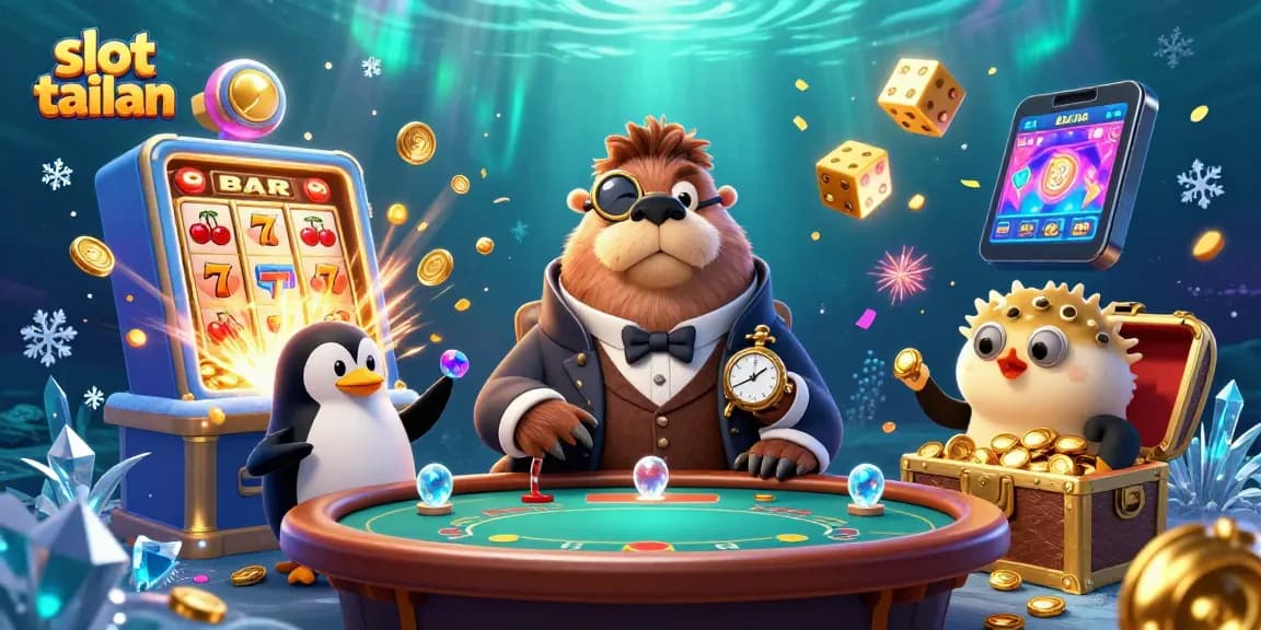Engage with slot tailan in a thrilling underwater casino scene featuring a walrus and friends