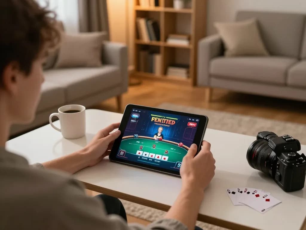 Engaging with okwintv livestream on tablet during a cozy home gaming session