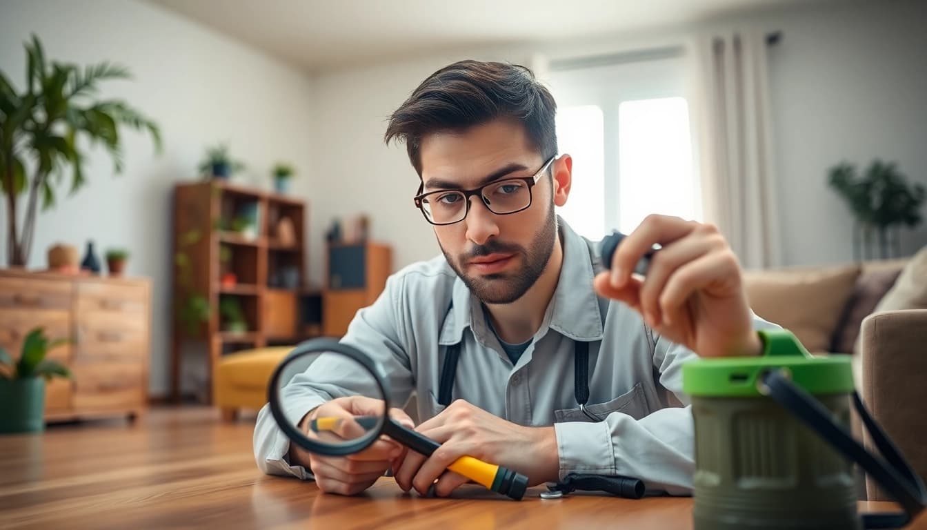 Call exterminator now with a professional pest control technician inspecting a home for pests.