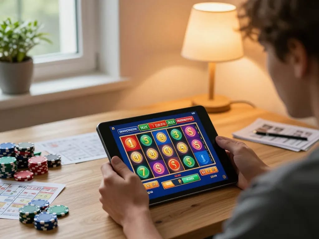 Engaging gaming scene at the best widget store with a player enjoying slots on a tablet at home