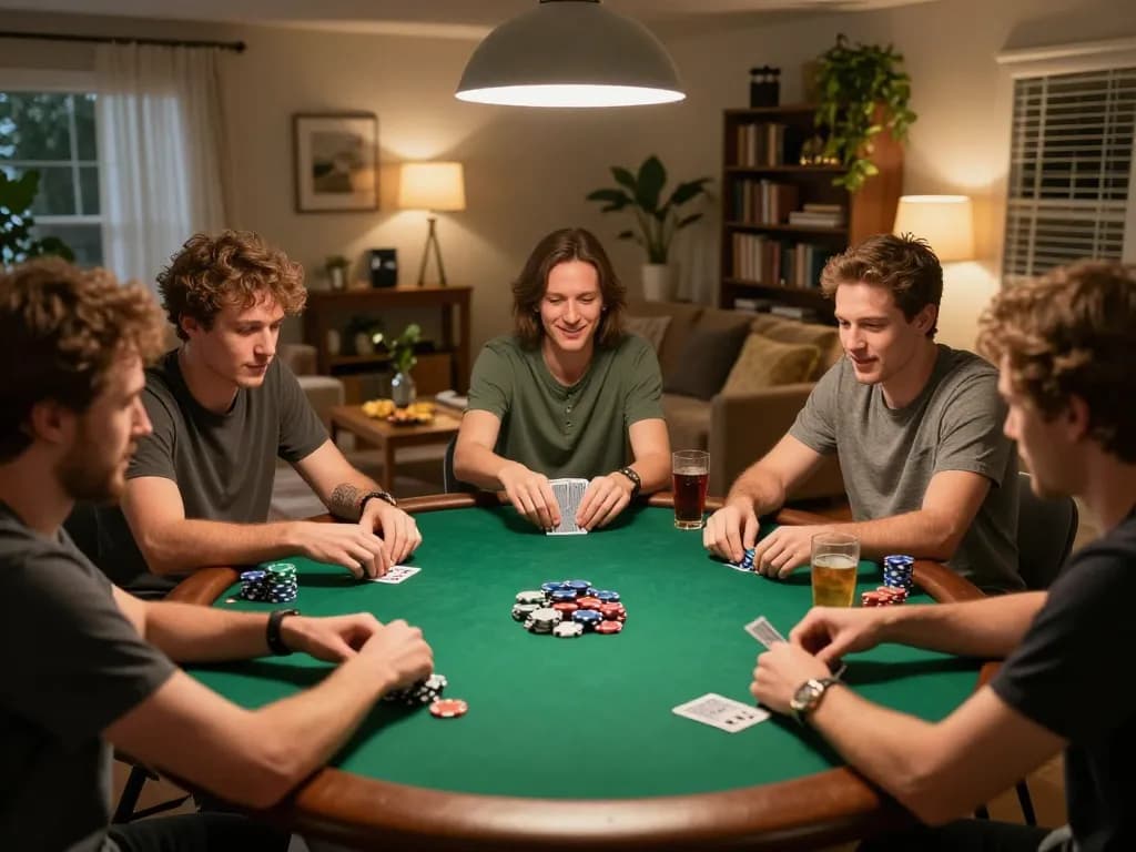Players enjoying a friendly poker night at home, showcasing the excitement of 678vip's strategic gameplay and social interaction.