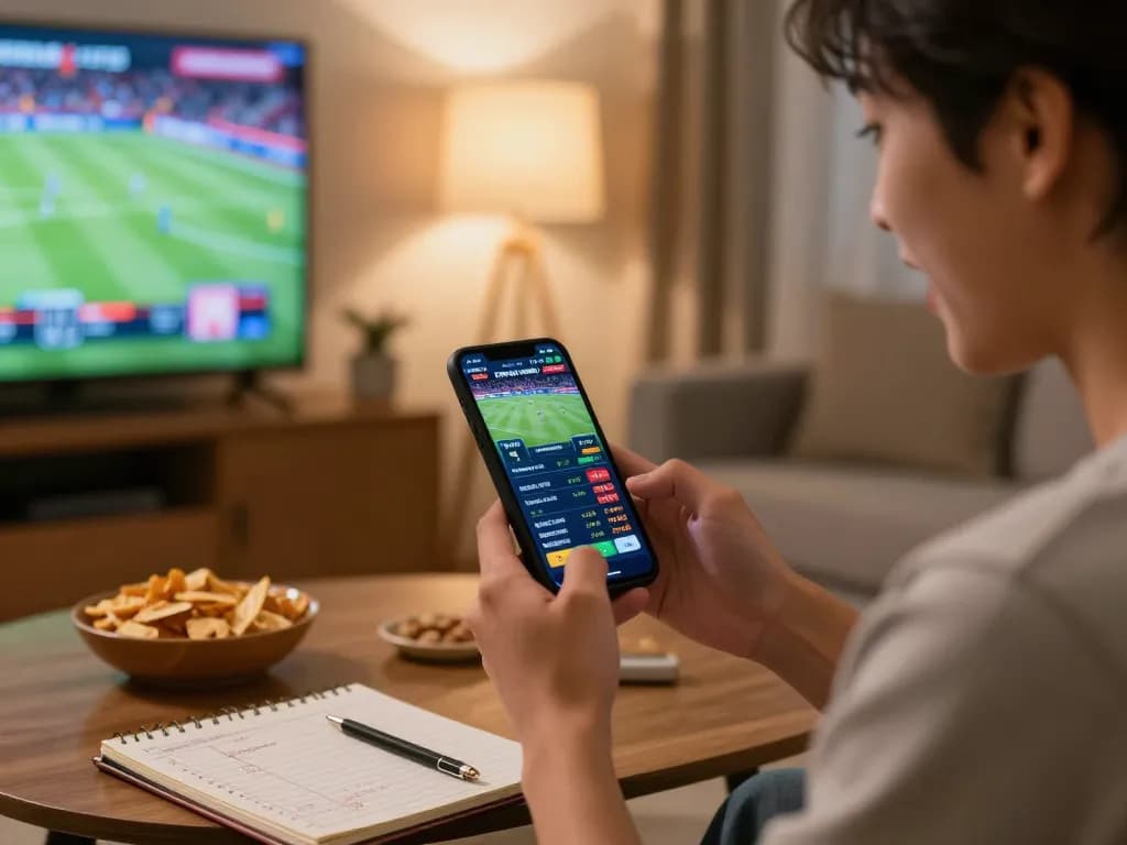 Engaging with okwintv livestream on smartphone while enjoying home sports betting.