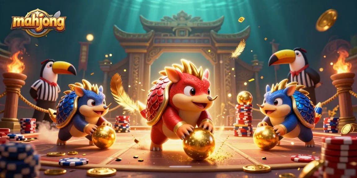 Engage with mahjong action as pangolins bowl through poker chips in a vibrant casino scene.