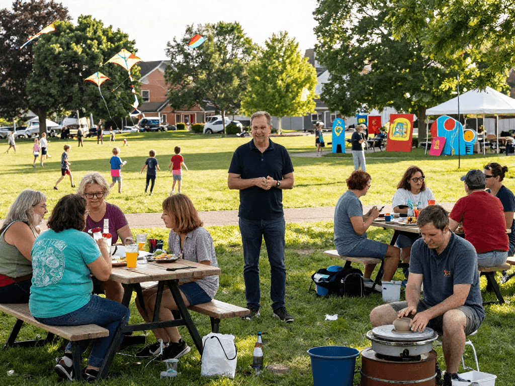 Stephen Gleave Ancaster engaging with the community at a lively outdoor gathering, showcasing local art and family interaction.