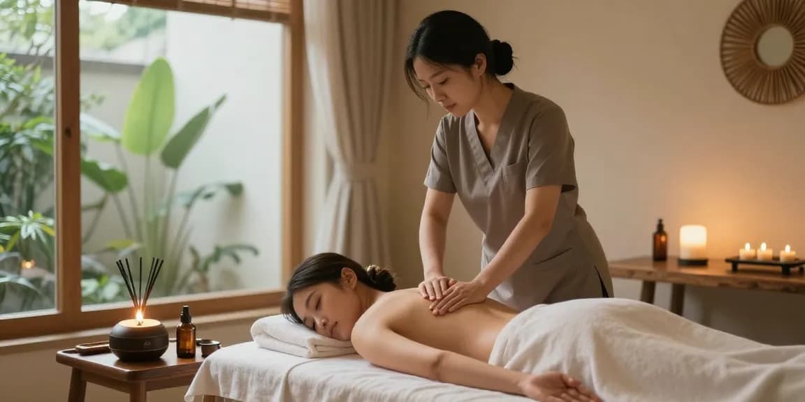 마사지와 아로마 오일로 편안한 스파 환경에서 휴식 중인 고객 모습