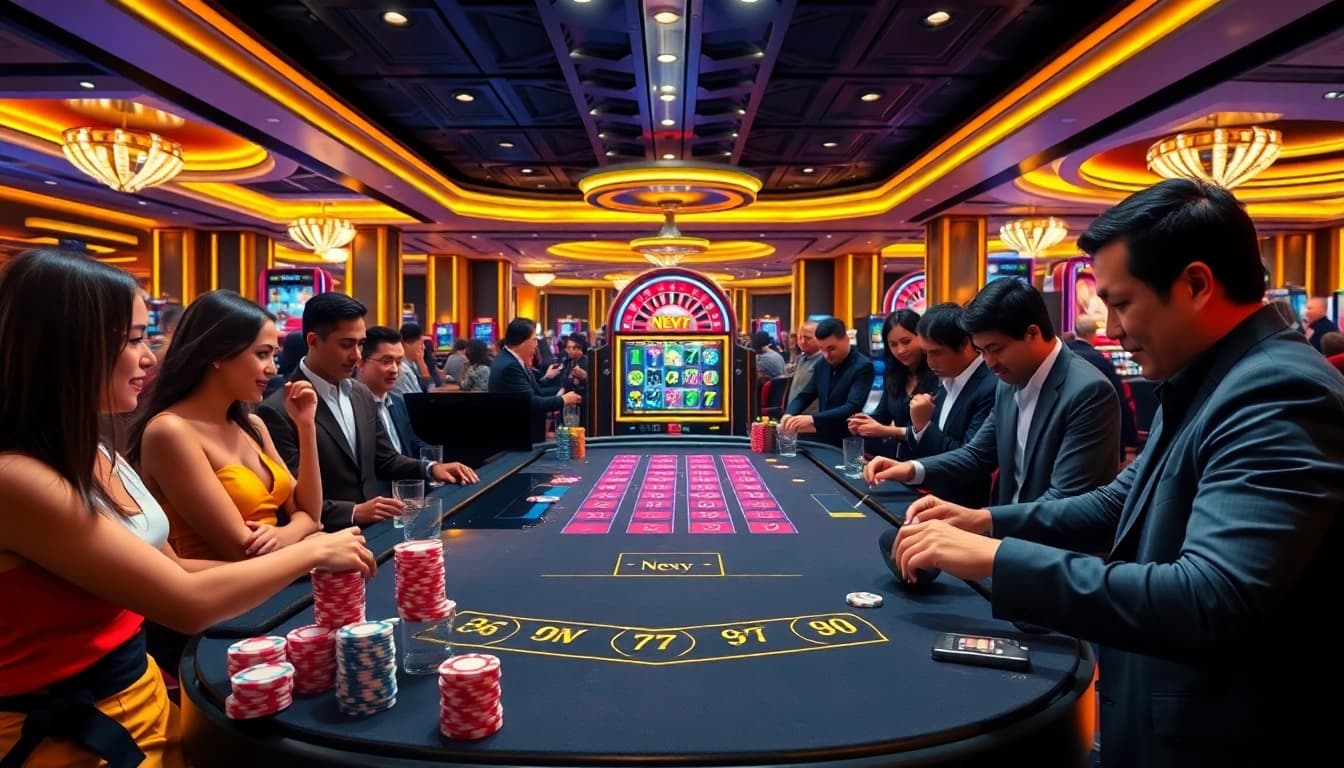 Players engaging with a new77 slot machine at an upscale casino, surrounded by excitement and color.