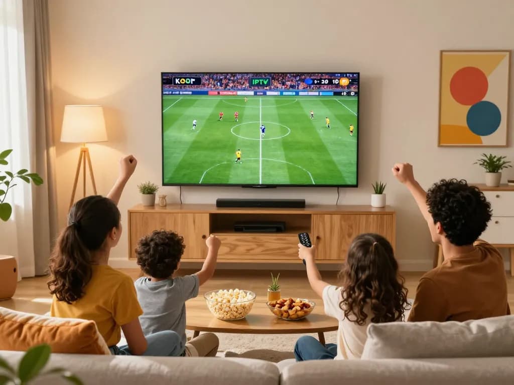 Gelukkige familie geniet van KOOP IPTV in hun woonkamer, toont IPTV Nederland met live sport.