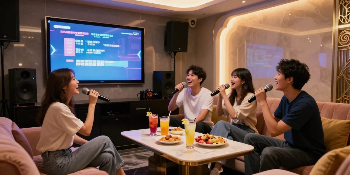 강남구구단에서 프리미엄 카라오케 룸에서 즐거운 시간을 보내는 친구들, 다양한 음료와 안주가 있는 화기애애한 분위기