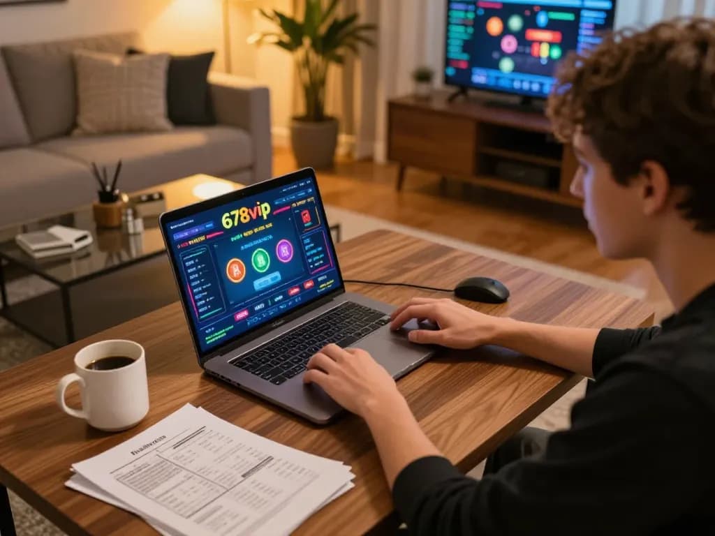 Engaged player strategizing for online gambling at 678vip on a stylish laptop
