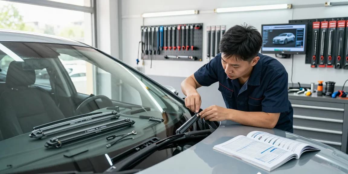 Technician replacing high-quality wiper blades for optimal windshield performance in an automotive workshop.