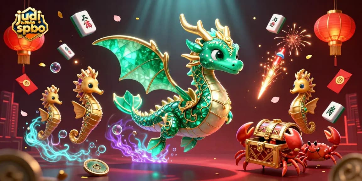 Engage in judi bola spbo with a vibrant 3D scene featuring a sea dragon and treasures.