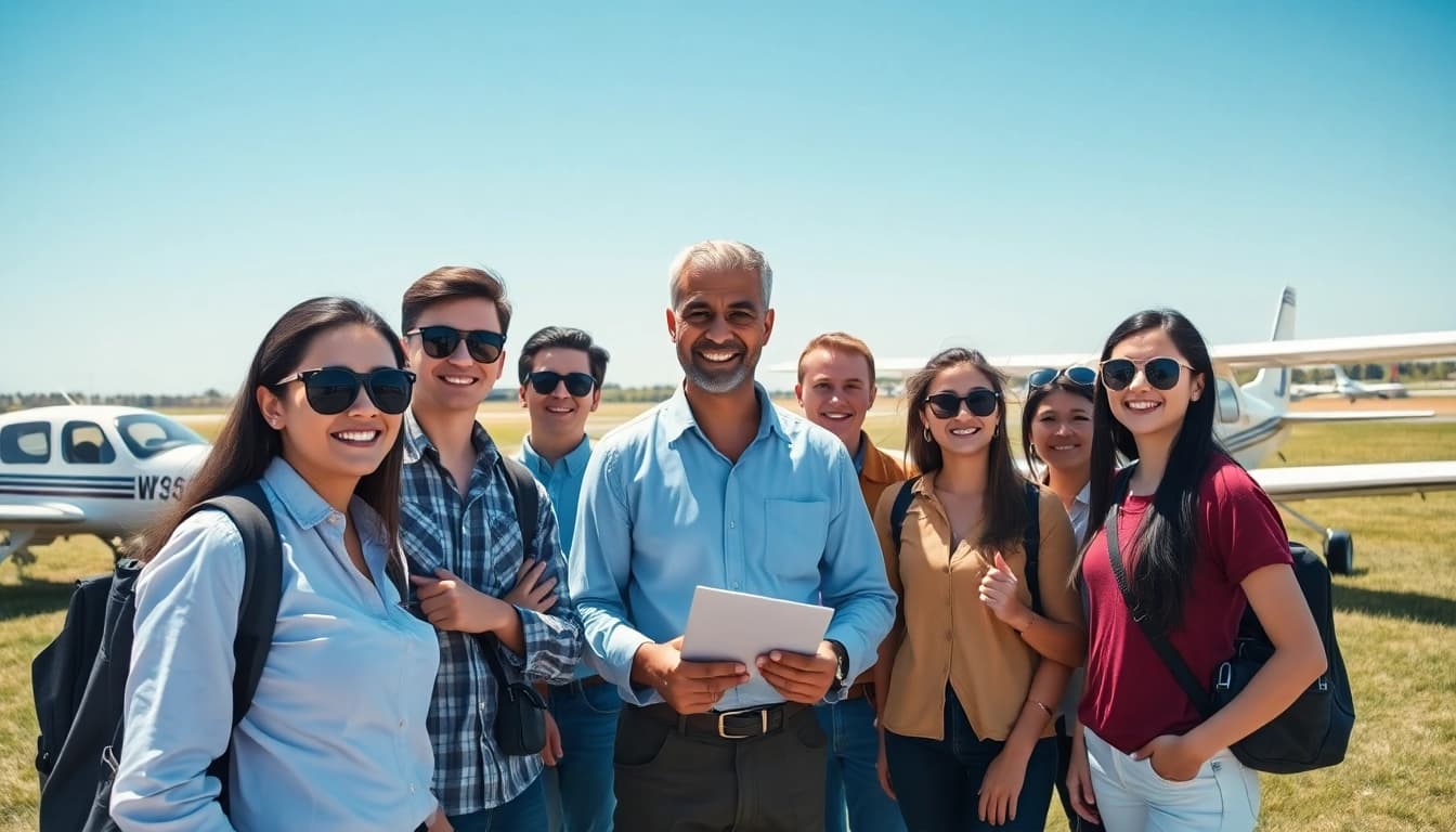 Engaging flight training near me session with diverse students and an instructor outdoors.