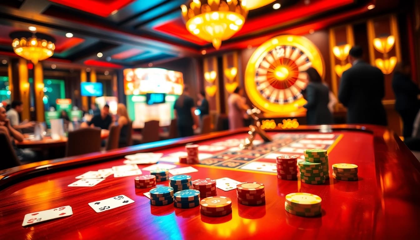 Players experience excitement at the luxurious j88 gaming table filled with cards and chips.
