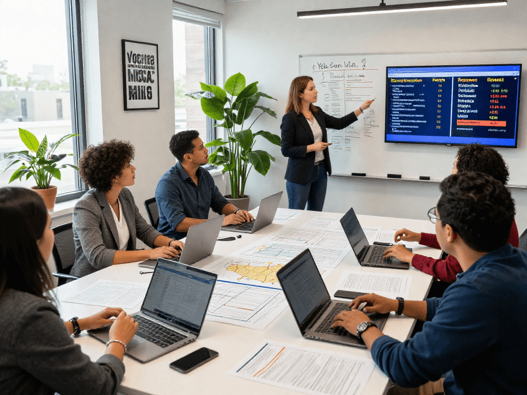 Engaging team meeting focused on small dollar fundraising strategies for political campaigns, with voting data and campaign materials visible.