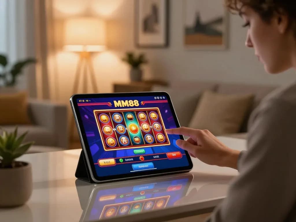 Enjoying online gaming with MM88 link, vibrant slots on tablet in cozy atmosphere
