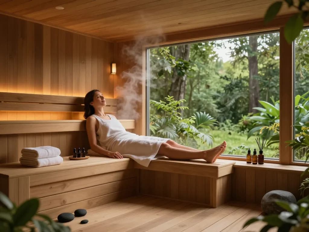 Relaxing in a sauna 3D space surrounded by nature and ambient light.