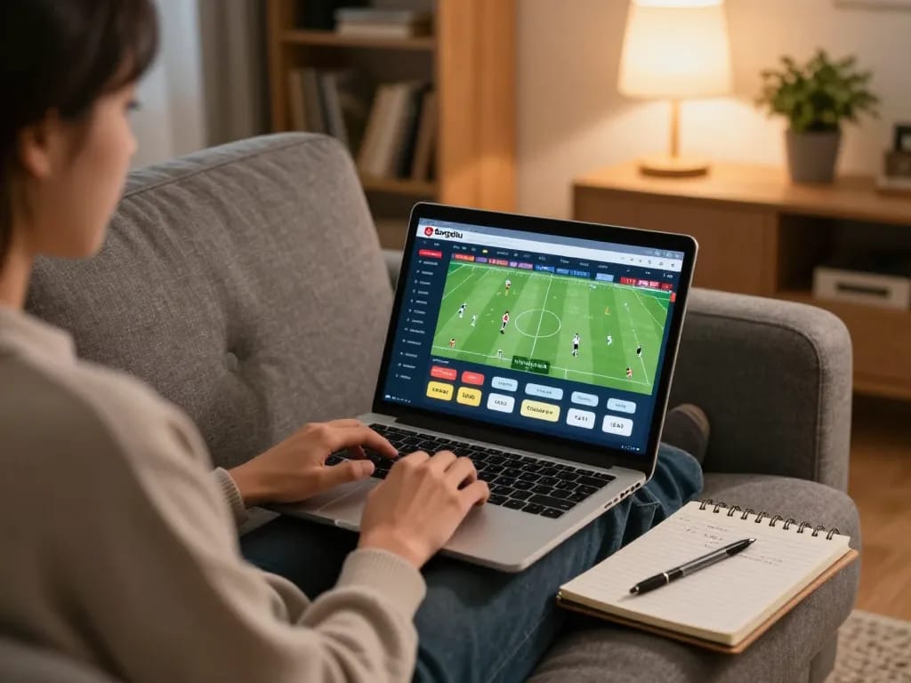 Bongdalu platform user analyzing football betting odds on a laptop at home.